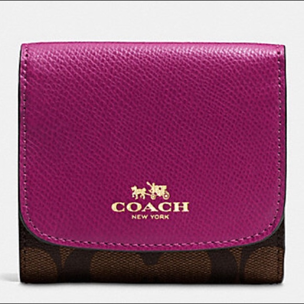 Coach Fuchsia leather w brown canvas small wallet